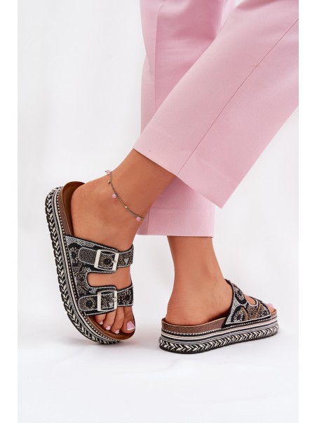 Slides with decoration and buckles on platform black Mellene