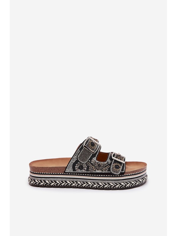 Slides with decoration and buckles on platform black Mellene