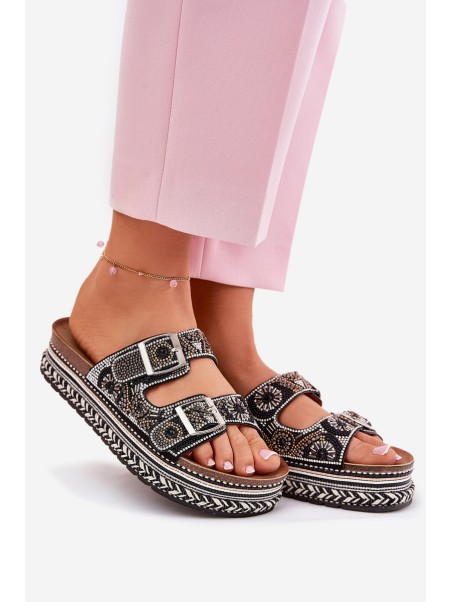 Slides with decoration and buckles on platform black Mellene