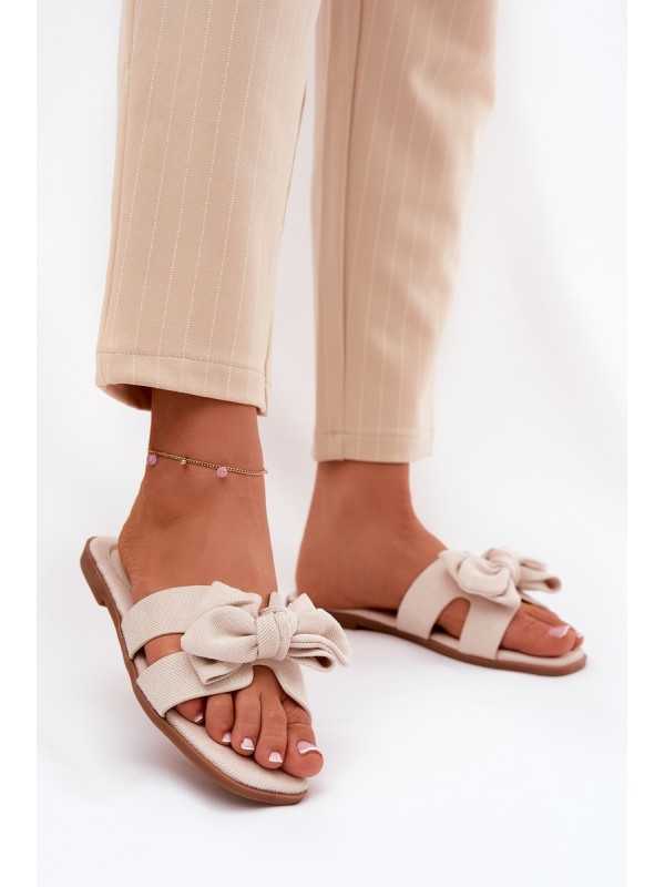 Flat Ladies Slippers With Bow Beige Tobin