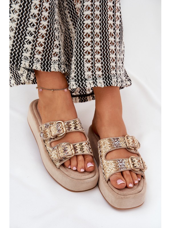 Women's Platform Sandals With Buckles And Weaving Khaki Limme