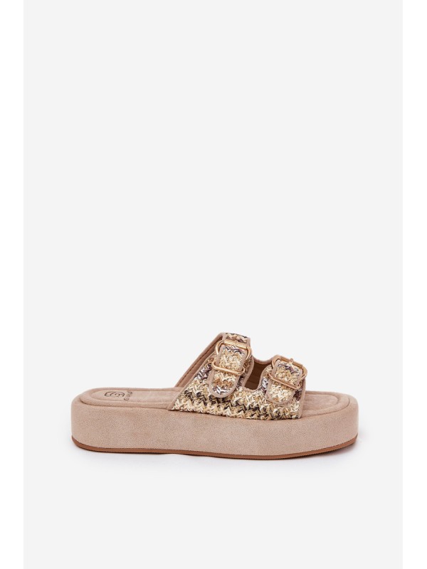 Women's Platform Sandals With Buckles And Weaving Khaki Limme