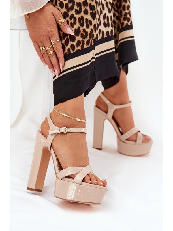 Women's sandals on high heel and platform glossy beige Jovenes
