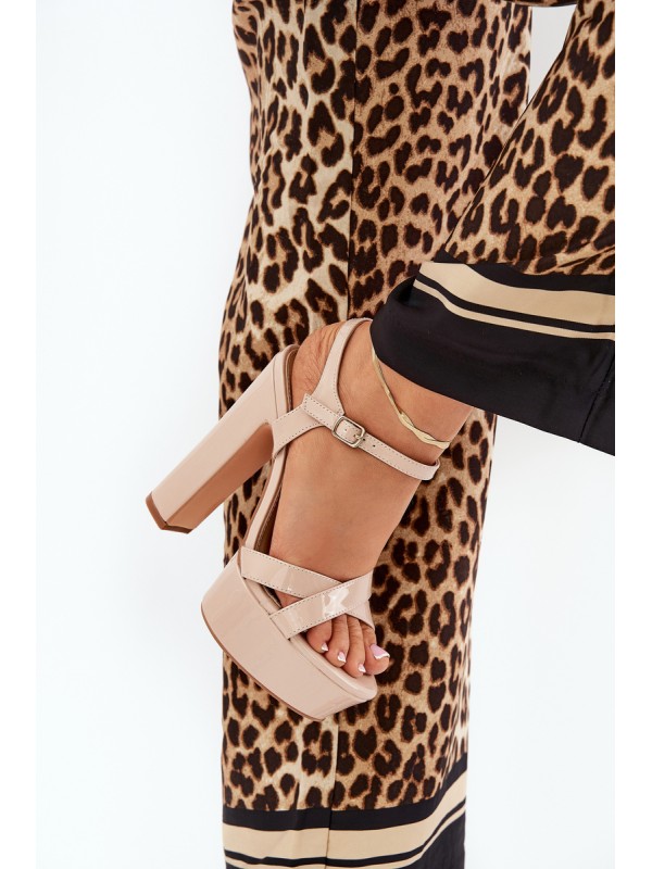Women's sandals on high heel and platform glossy beige Jovenes