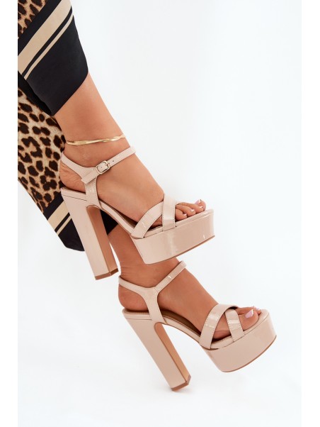 Women's sandals on high heel and platform glossy beige Jovenes