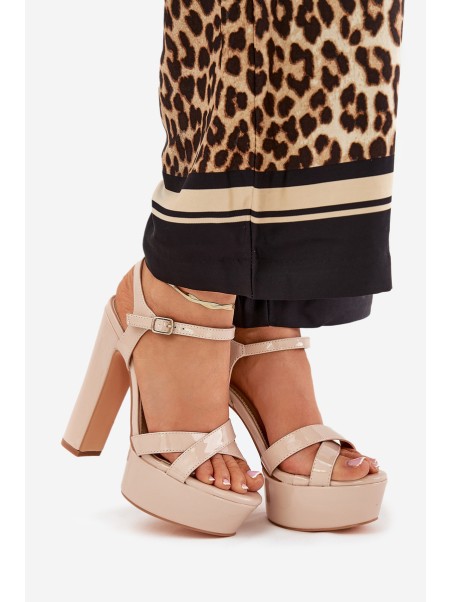Women's sandals on high heel and platform glossy beige Jovenes