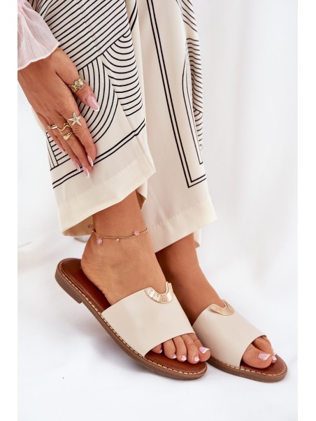 Ladies Eco Leather Slippers With Decorative Details Beige Mevith