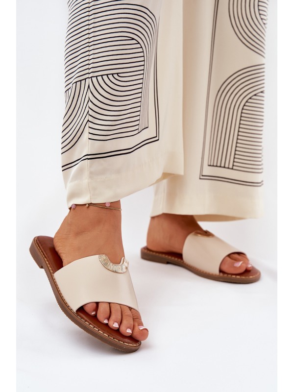 Ladies Eco Leather Slippers With Decorative Details Beige Mevith 2