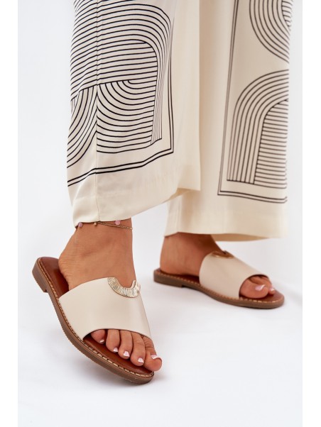 Ladies Eco Leather Slippers With Decorative Details Beige Mevith