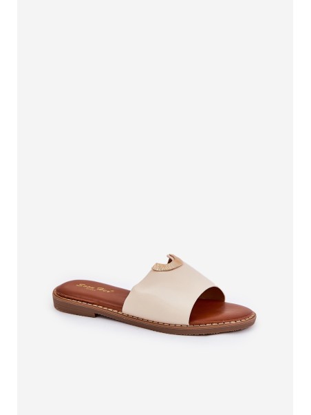 Ladies Eco Leather Slippers With Decorative Details Beige Mevith