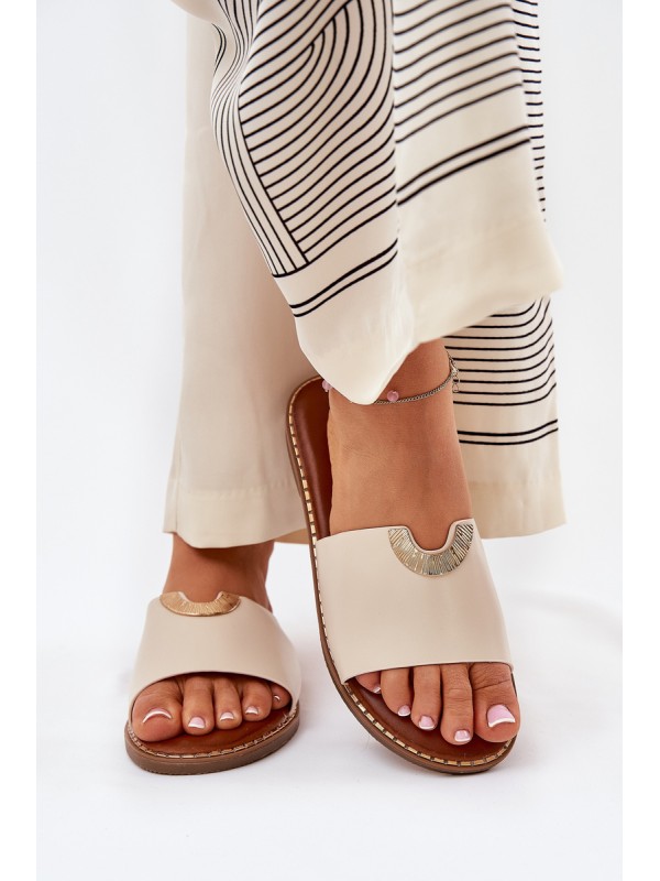 Ladies Eco Leather Slippers With Decorative Details Beige Mevith