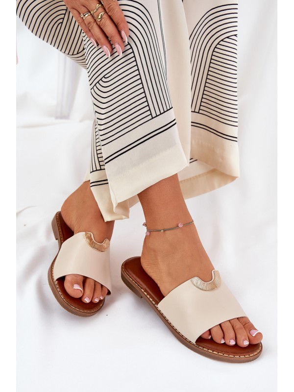 Ladies Eco Leather Slippers With Decorative Details Beige Mevith