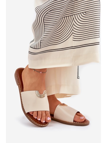 Ladies Eco Leather Slippers With Decorative Details Beige Mevith