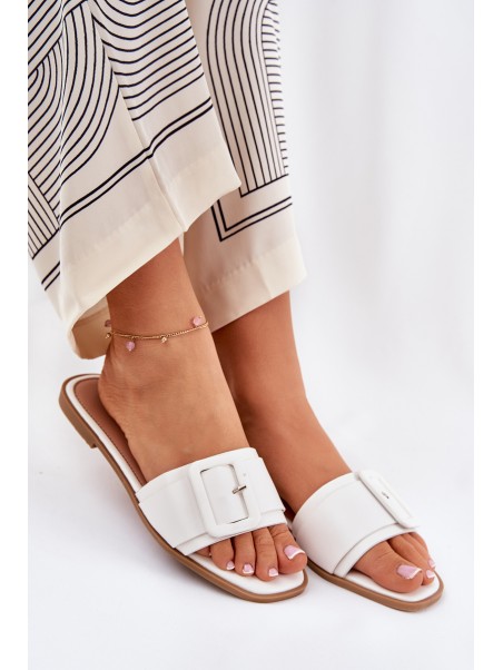 Flat Women's Slippers Eco Leather With Buckle White Bamma