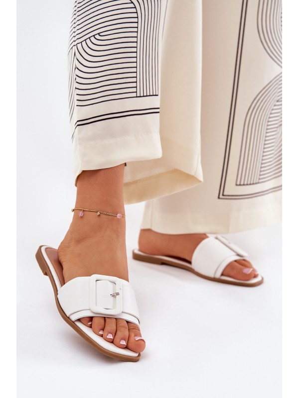 Flat Women's Slippers Eco Leather With Buckle White Bamma