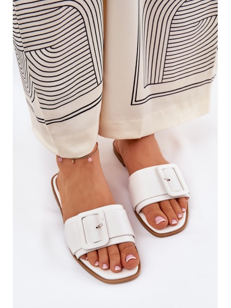 Flat Women's Slippers Eco Leather With Buckle White Bamma