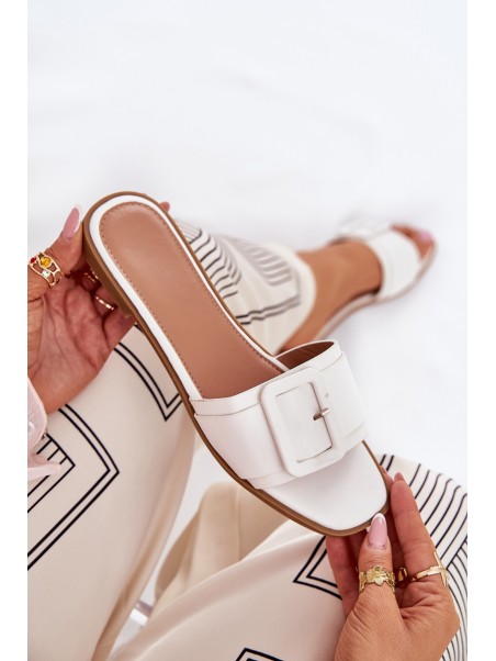 Flat Women's Slippers Eco Leather With Buckle White Bamma