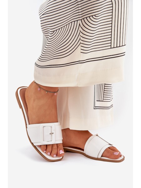 Flat Women's Slippers Eco Leather With Buckle White Bamma