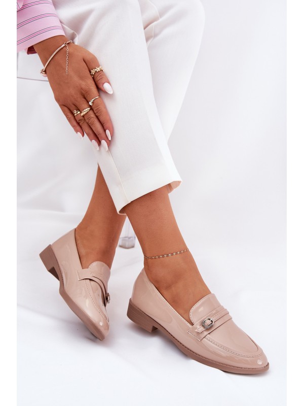 Lacquered Women's Moccasins With Decorative Buckle Beige Mollan