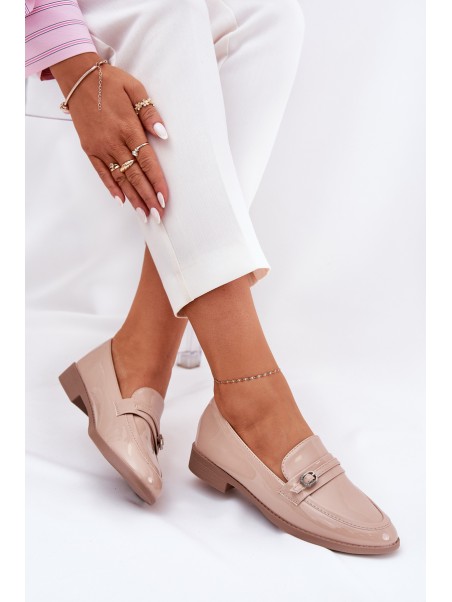 Lacquered Women's Moccasins With Decorative Buckle Beige Mollan