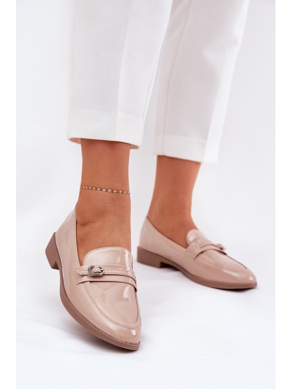 Lacquered Women's Moccasins With Decorative Buckle Beige Mollan