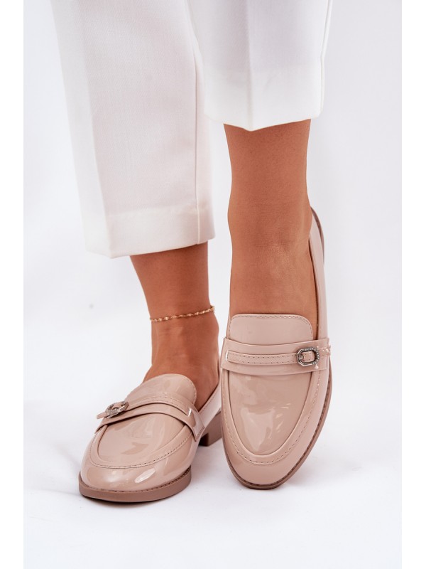 Lacquered Women's Moccasins With Decorative Buckle Beige Mollan