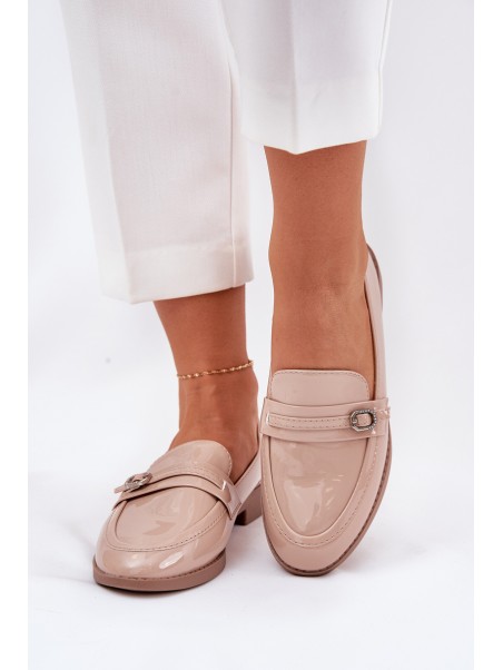 Lacquered Women's Moccasins With Decorative Buckle Beige Mollan