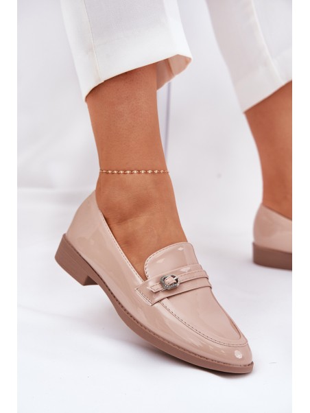 Lacquered Women's Moccasins With Decorative Buckle Beige Mollan