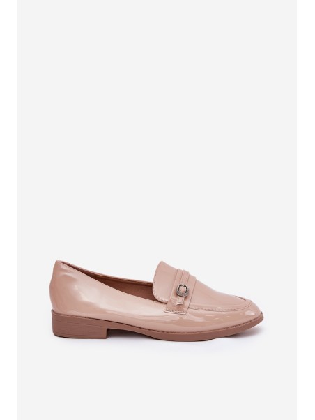 Lacquered Women's Moccasins With Decorative Buckle Beige Mollan