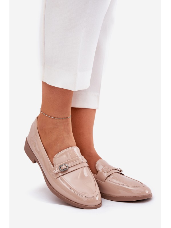 Lacquered Women's Moccasins With Decorative Buckle Beige Mollan