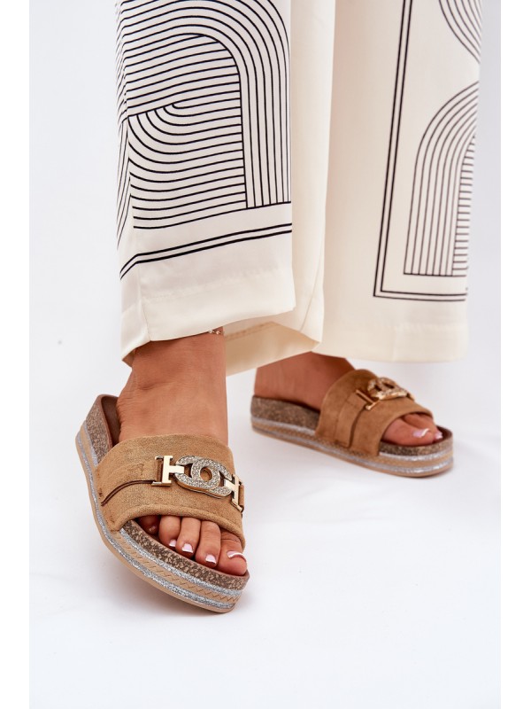Women's Slippers With Gold Detail On Platform With Glitter Camel Eanes