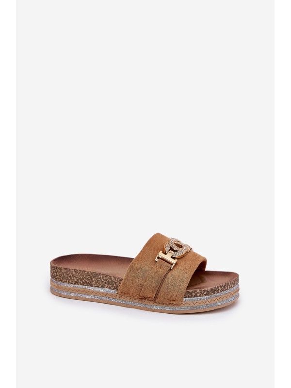 Women's Slippers With Gold Detail On Platform With Glitter Camel Eanes