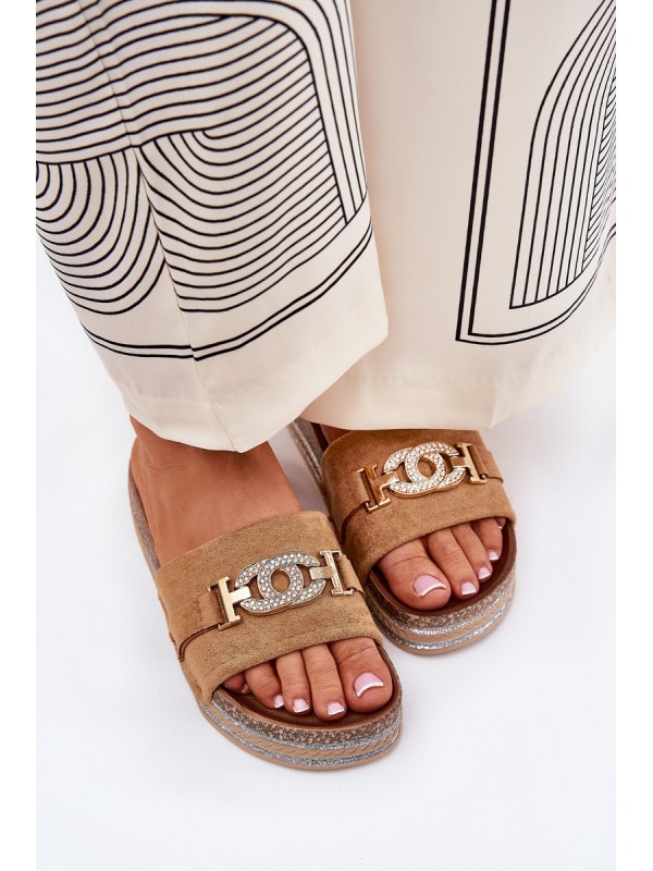 Women's Slippers With Gold Detail On Platform With Glitter Camel Eanes