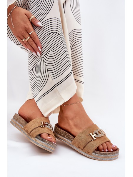 Women's Slippers With Gold Detail On Platform With Glitter Camel Eanes