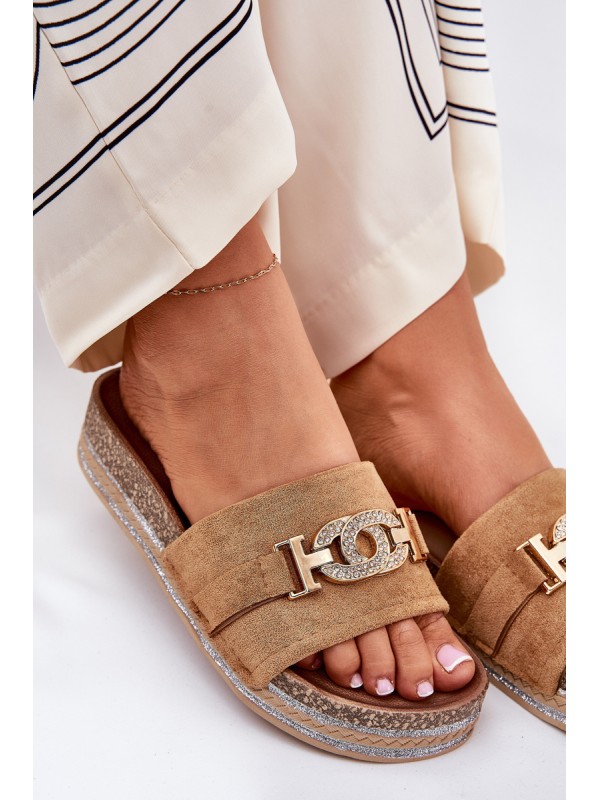 Women's Slippers With Gold Detail On Platform With Glitter Camel Eanes