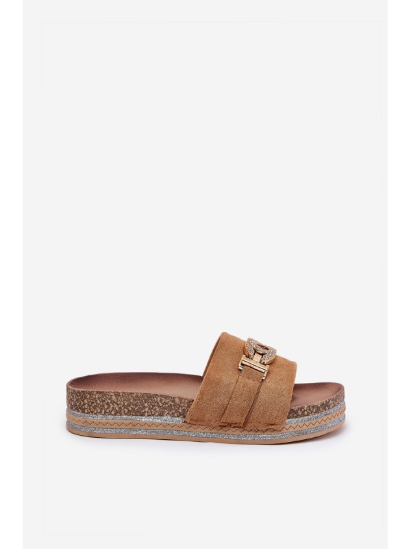 Women's Slippers With Gold Detail On Platform With Glitter Camel Eanes