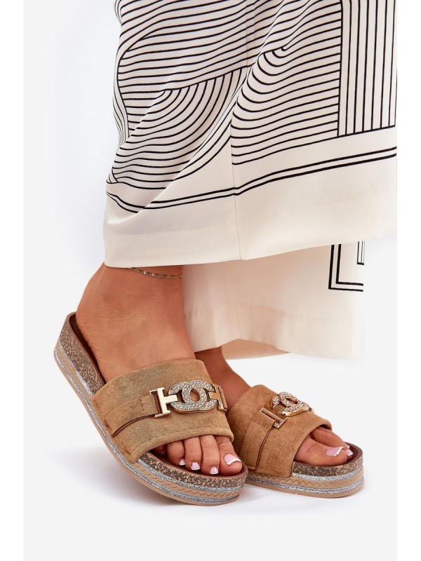 Women's Slippers With Gold Detail On Platform With Glitter Camel Eanes