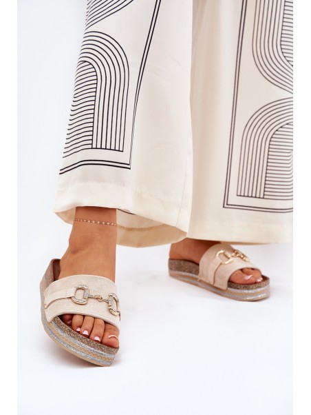 Ladies Platform Slippers With Golden Decoration And Glitter Beige Morisela