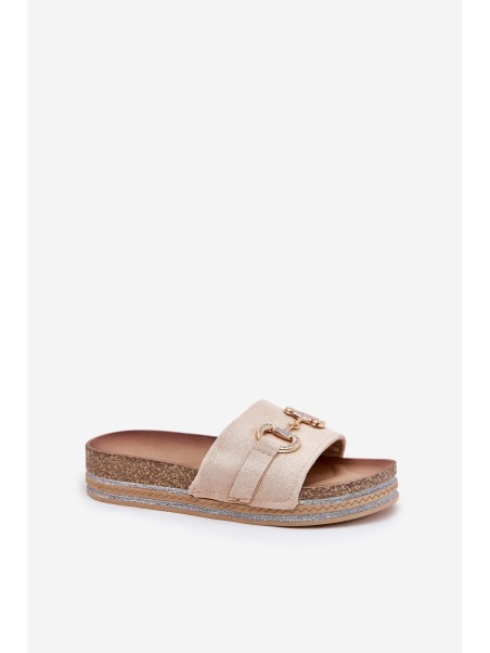 Ladies Platform Slippers With Golden Decoration And Glitter Beige Morisela
