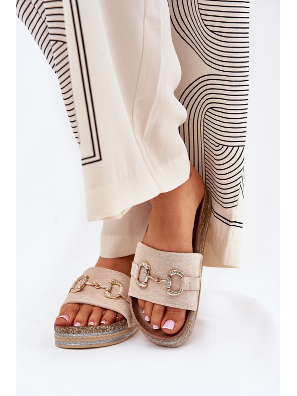 Ladies Platform Slippers With Golden Decoration And Glitter Beige Morisela