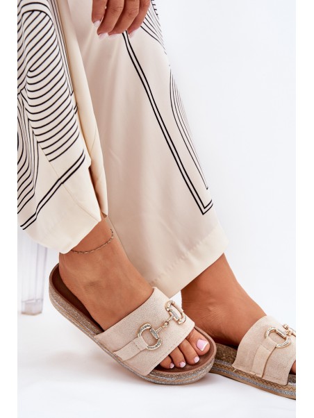 Ladies Platform Slippers With Golden Decoration And Glitter Beige Morisela