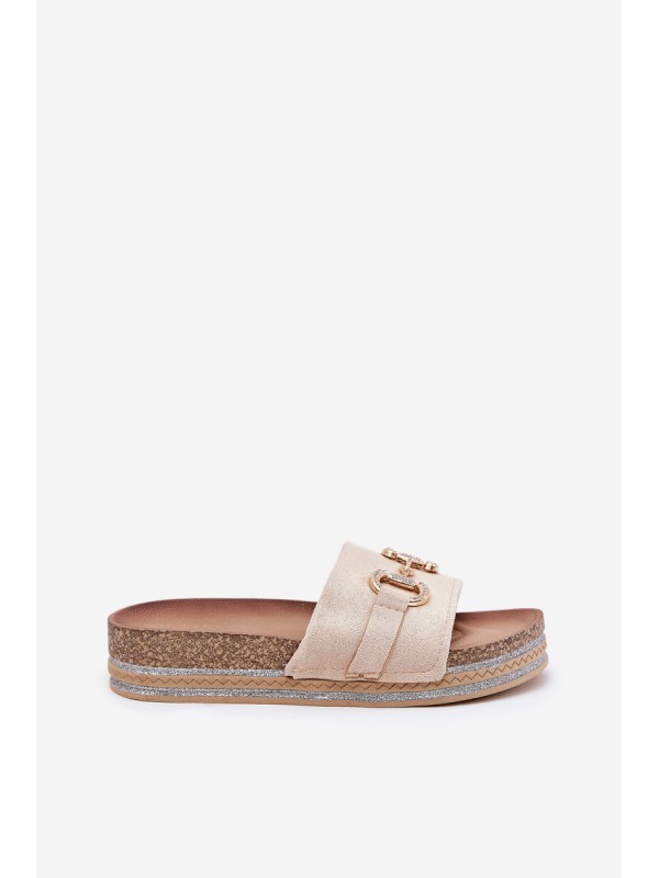 Ladies Platform Slippers With Golden Decoration And Glitter Beige Morisela