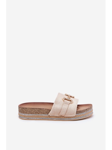 Ladies Platform Slippers With Golden Decoration And Glitter Beige Morisela
