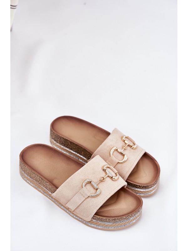 Ladies Platform Slippers With Golden Decoration And Glitter Beige Morisela