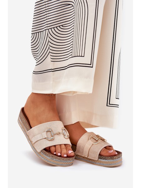 Ladies Platform Slippers With Golden Decoration And Glitter Beige Morisela