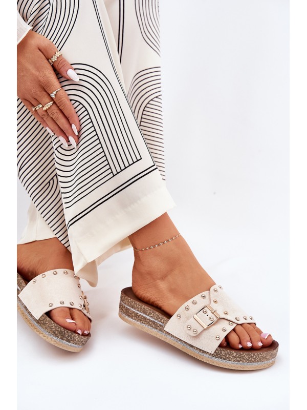 Women Sandals On Platform With Buckle And Studs Beige Nusithia
