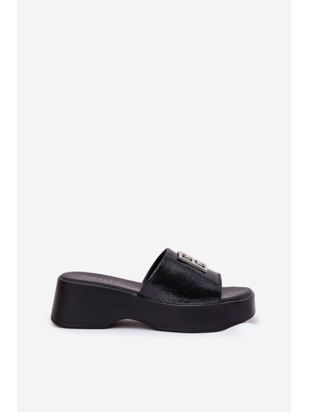 Leather Women's Slippers With Decoration Black Vinceza 79526