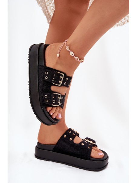 Ladies Sandals With Golden Buckles On Platform Black Virvania