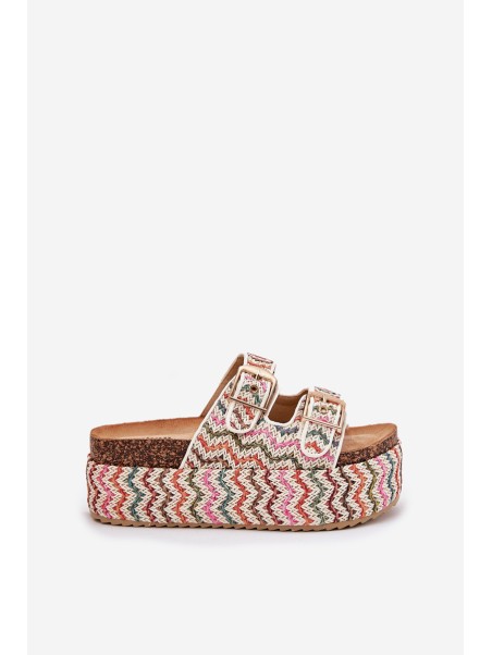 Women's Sandals On Chunky Platform With Weaving And Buckles Multicolor