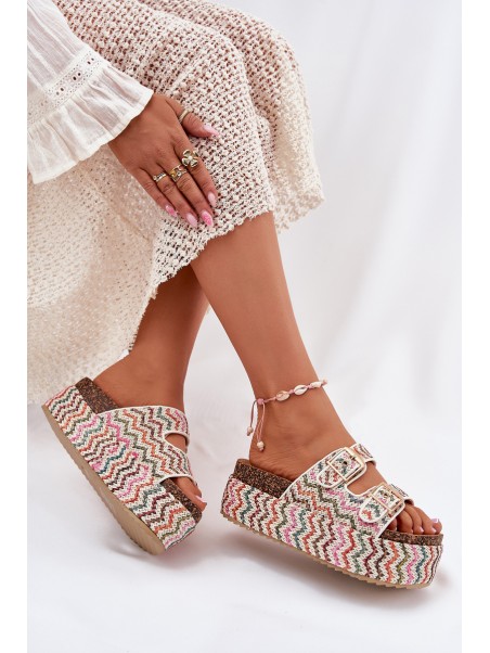 Women's Sandals On Chunky Platform With Weaving And Buckles Multicolor